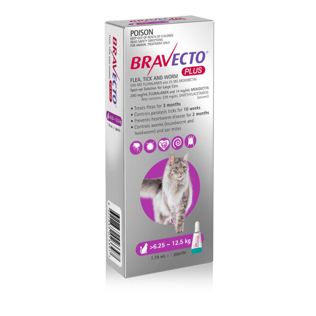 Bravecto PLUS Solution topique pour les chats de 6,25 à 12,5 kg (13,8 à 27,5 lb)-Pourpre
