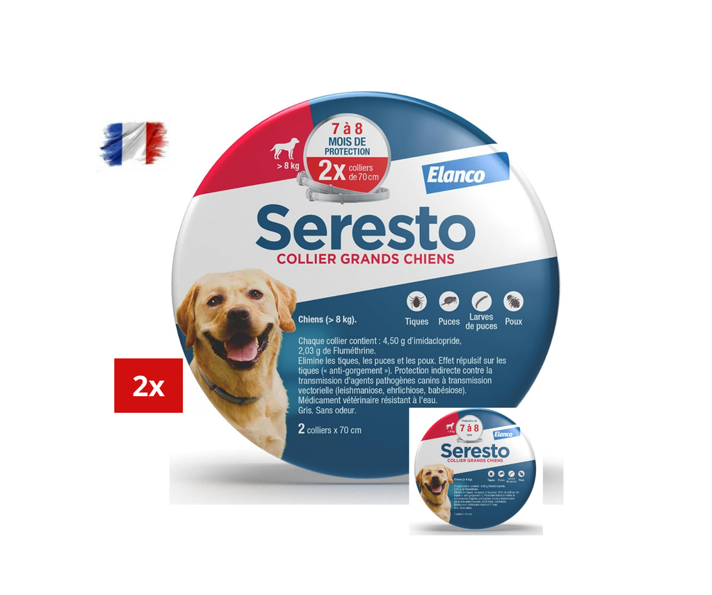 2 Collier Seresto anti-puces-tiques et Antiparasitaire grand Chien+8kg