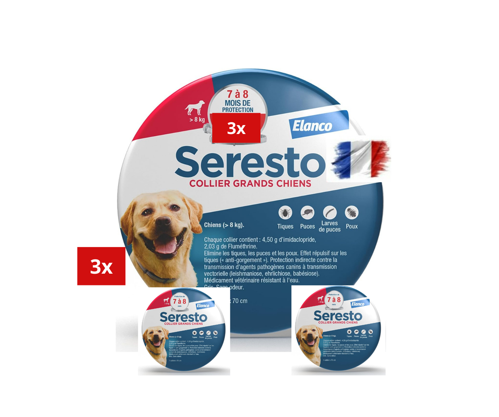 3 Collier Seresto anti-puces-tiques et Antiparasitaire grand Chien+8kg