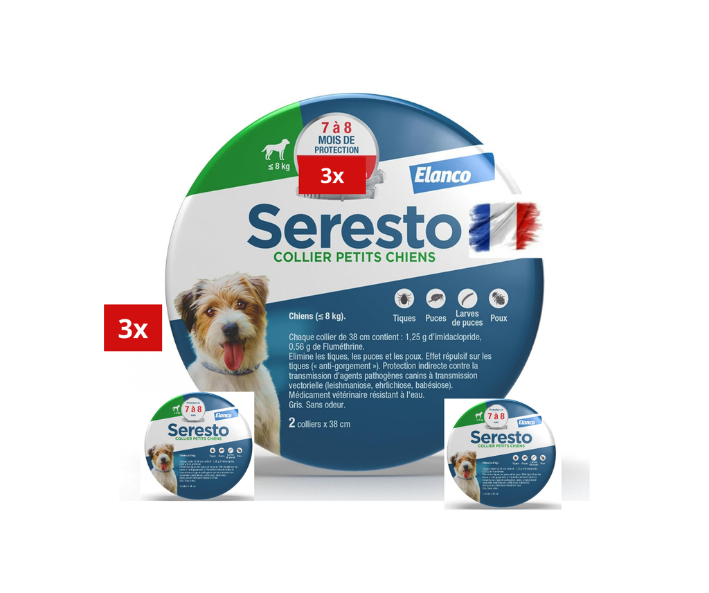 3 Collier Seresto Anti-Puces Anti-Tiques pour petit Chien -8Kg Lot De 3 PCS