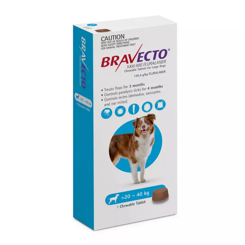3 Bravecto Anti-Puce-tques à mâcher pour chiens de 20-40 kg-Bleu 3 PCS
