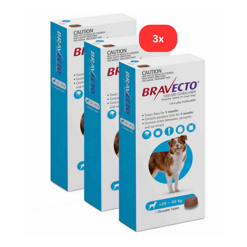 4 Bravecto anti-Puces et Tiques pour chiens de 20 à 40 kg - Bleu 4 à mâcher