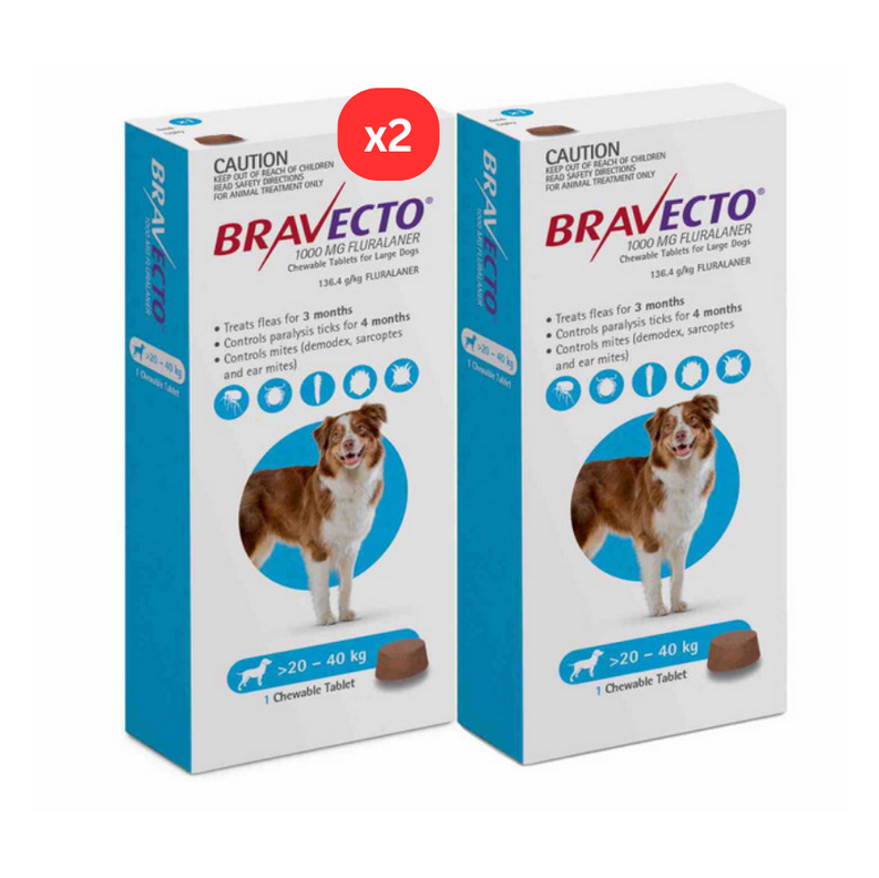 3 Bravecto Anti-Puce-tques à mâcher pour chiens de 20-40 kg-Bleu 3 PCS