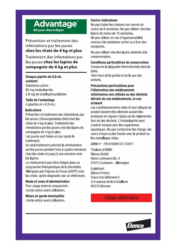 6 pipettes Advantage® 80 pour chat et lapin > 4 kg de 0,8ml