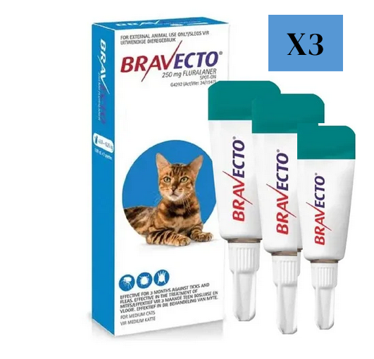 3 Bravecto Solution topique pour chats 2,8-6,25 kg(6,2-13,8 lbs) -Bleu 3 Doses