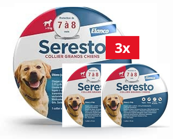 3 Collier Seresto anti-puces-tiques et Antiparasitaire grand Chien+8kg