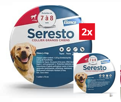 2 Collier Seresto anti-puces-tiques et Antiparasitaire grand Chien+8kg