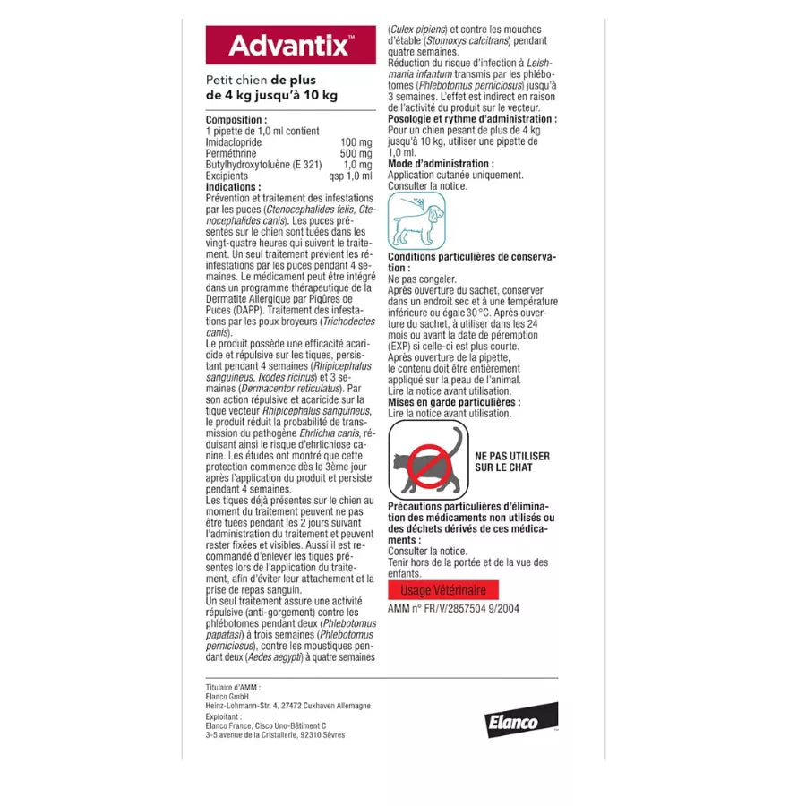 Advantix Spot-on Antiparasitaire Petit chien(4-10 kg) 4 pipettes
