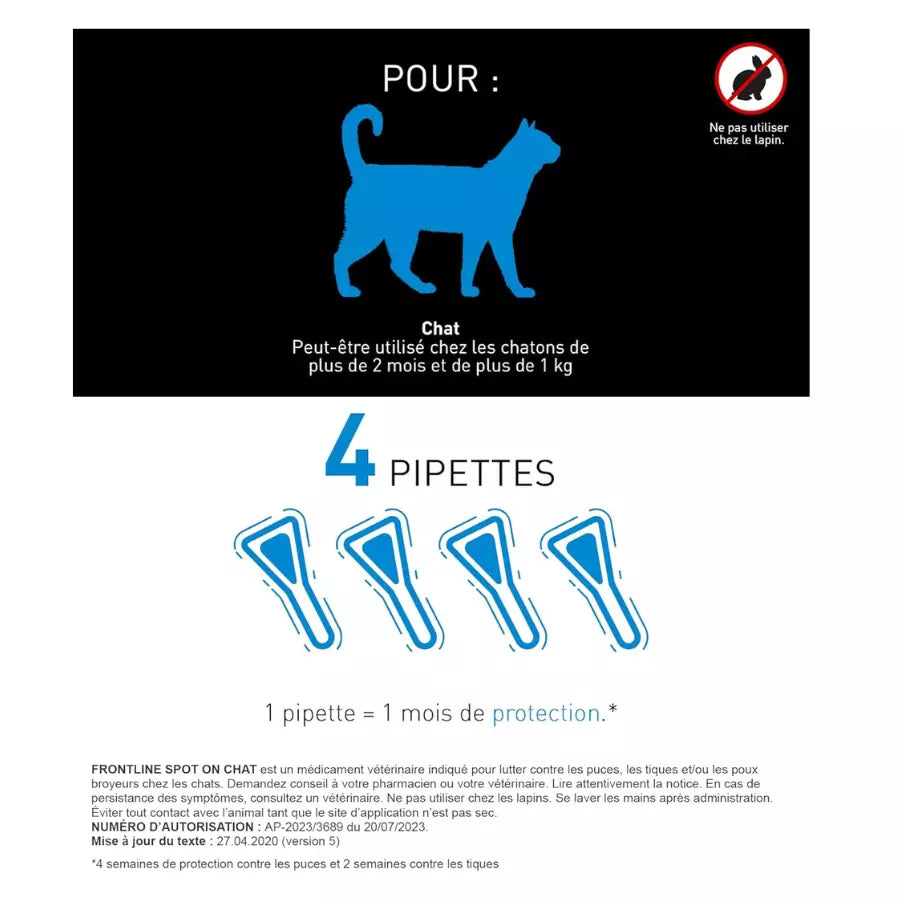 Frontline Spot-on Chat 4 Pipettes anti-puces Tiques Poux