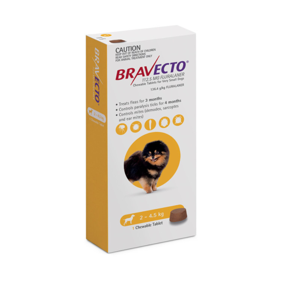 4 Bravecto anti-Puces et Tiques à mâcher pour chiens de 2 à 4,5 kg -Jaune 4 doses